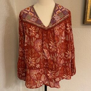 Rachel Zoe Women's Size S Paisley Floral Embroidered V-neck Boho Blouse